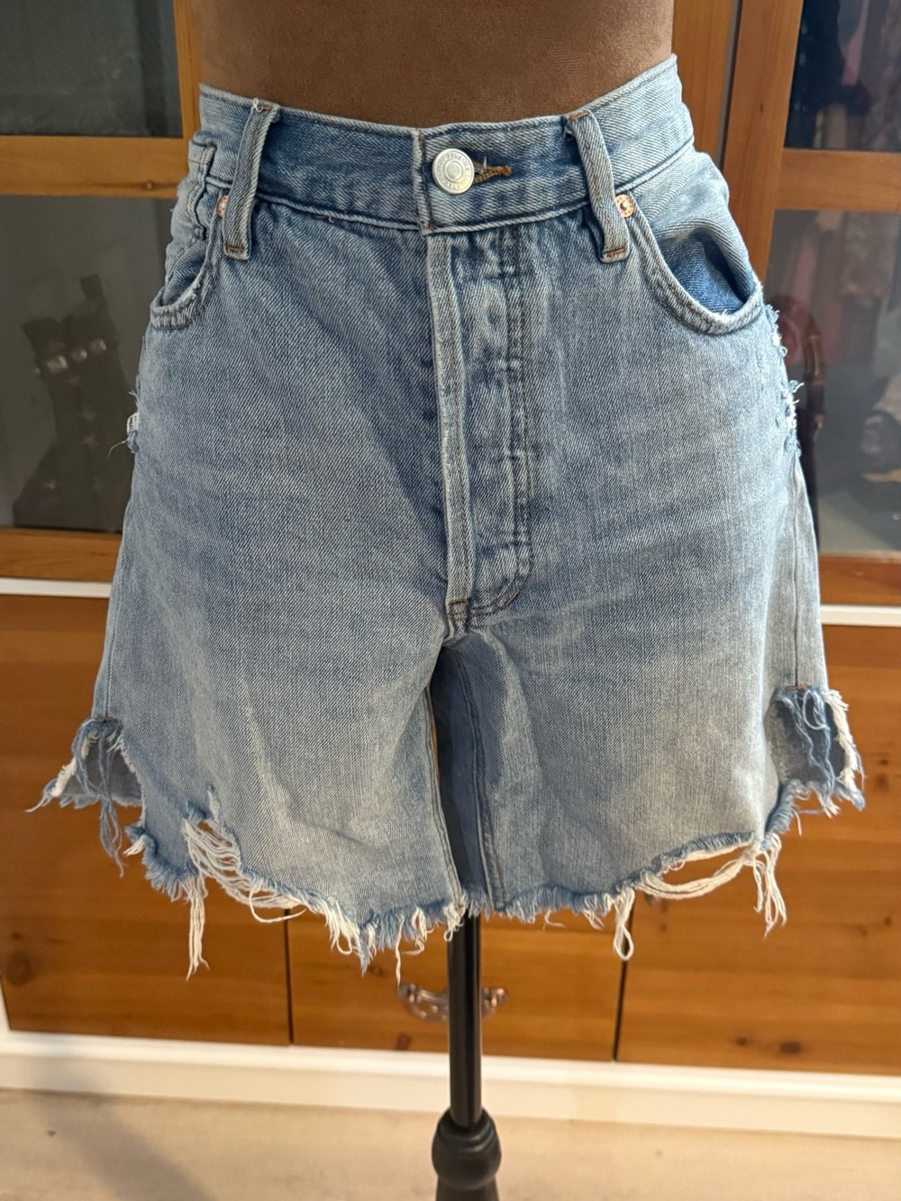 Free People Light Blue Distressed High-Rise Denim Shorts